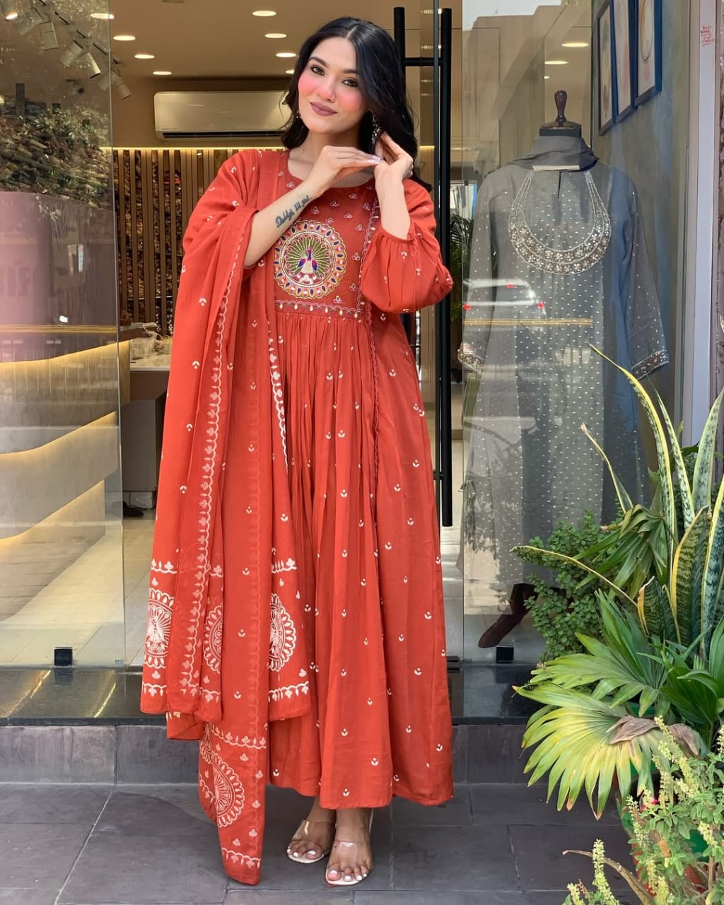 Women Rust Cotton Embroidery Kurta Panty and Mulmul Dupatta set