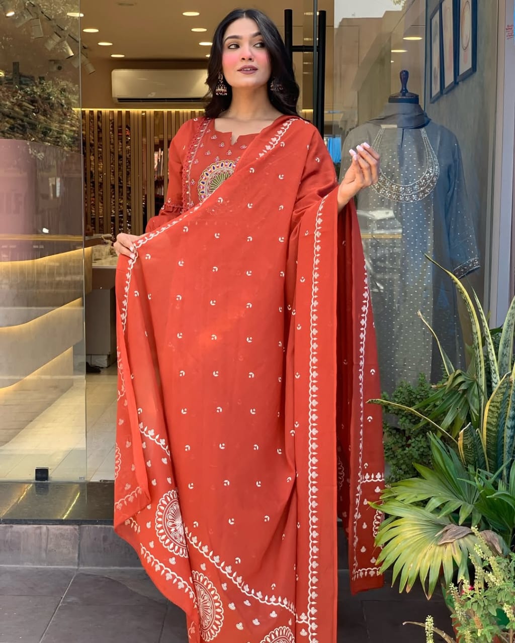 Women Rust Cotton Embroidery Kurta Panty and Mulmul Dupatta set