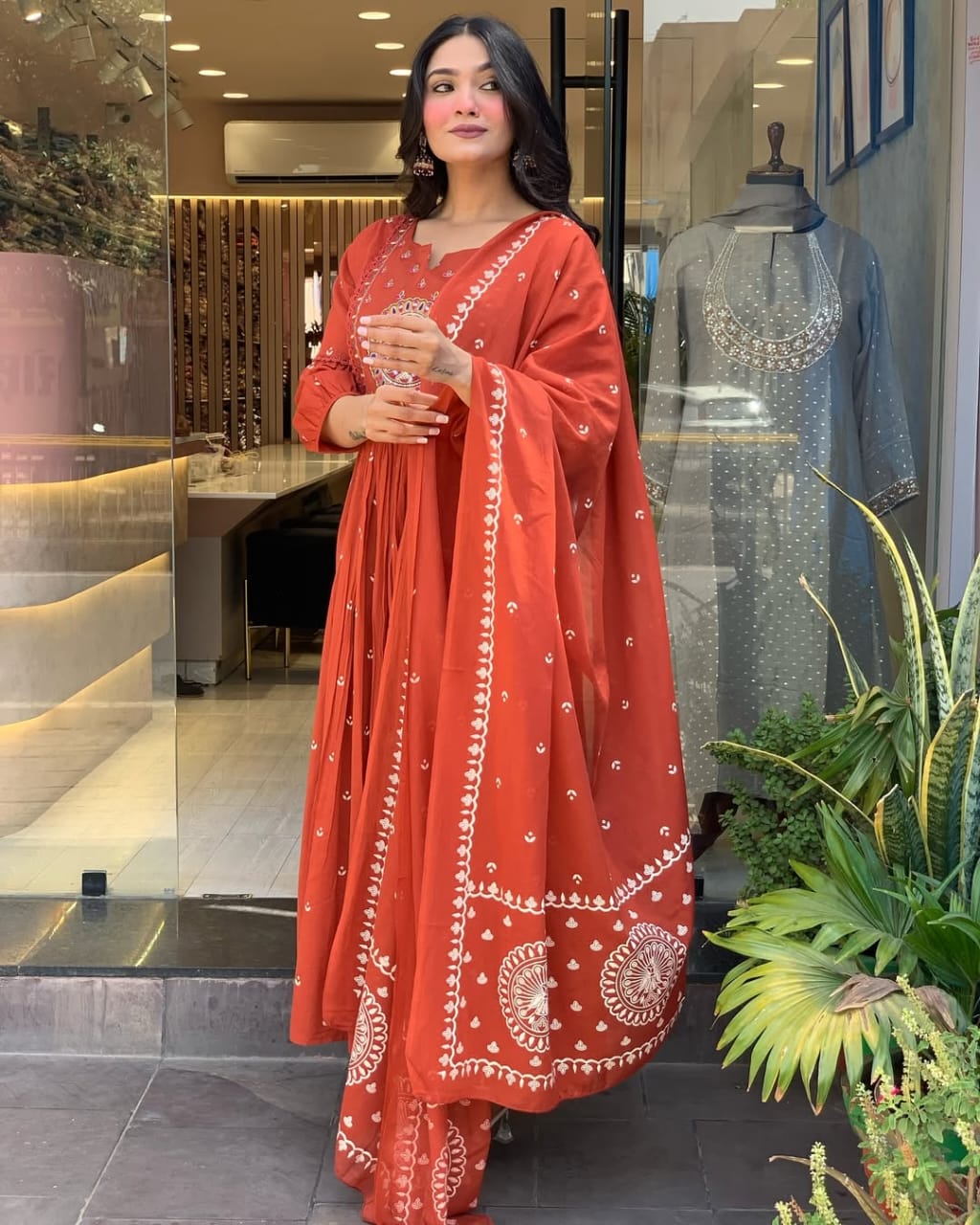 Women Rust Cotton Embroidery Kurta Panty and Mulmul Dupatta set