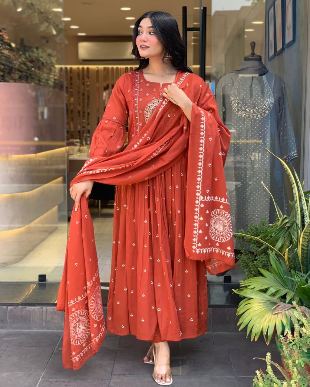 Women Rust Cotton Embroidery Kurta Panty and Mulmul Dupatta set