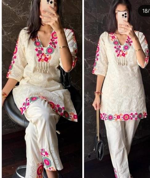 Women White Schiffley Cotton Embroidery Co-Ord set