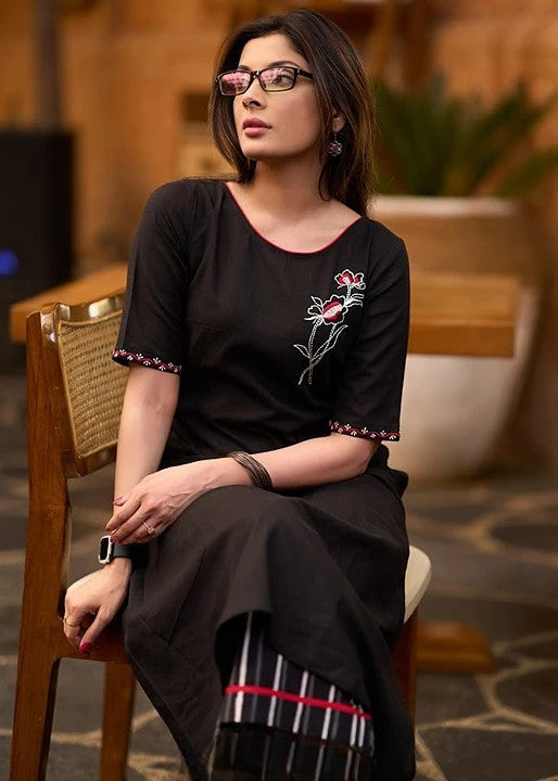 Women Black Cotton Hand Embroidery Kurta Pant set