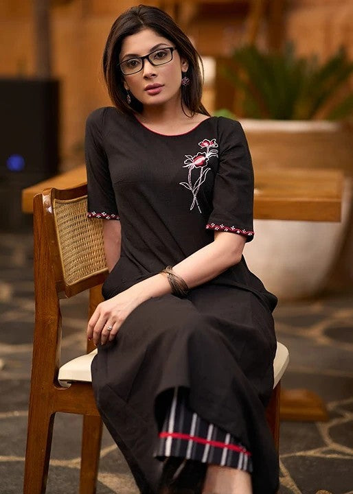 Women Black Cotton Hand Embroidery Kurta Pant set