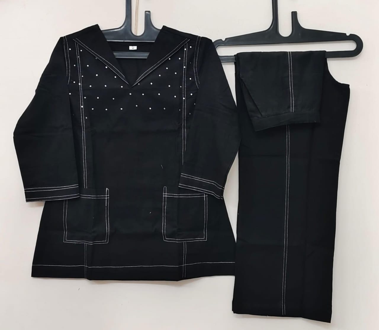 Women Blue Cotton Moti work Co-Ord set
