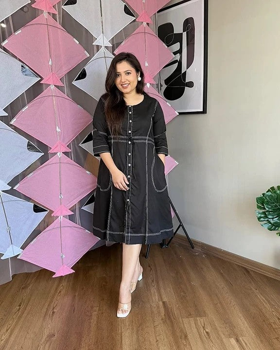Women Black Cotton Thread work Middi Gown