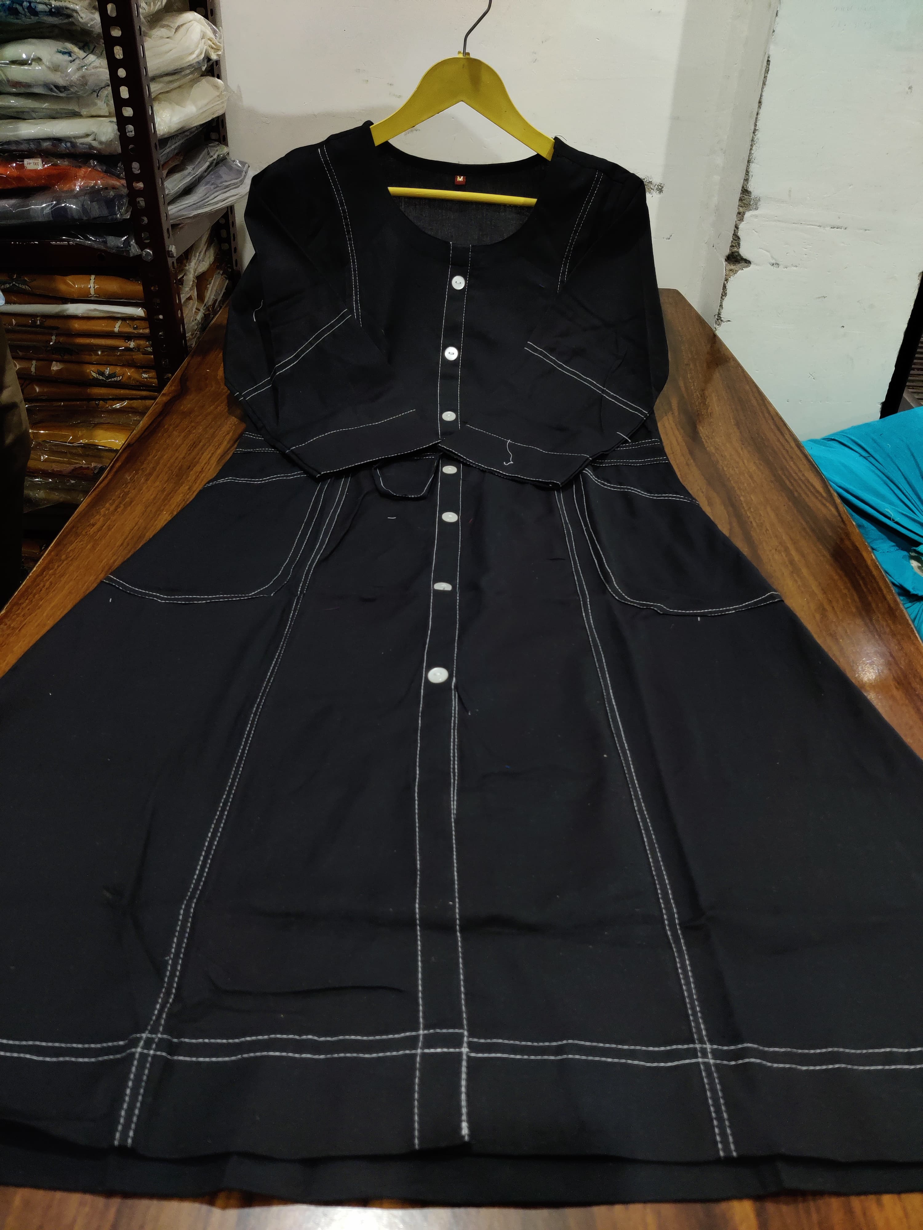 Women Black Cotton Thread work Middi Gown
