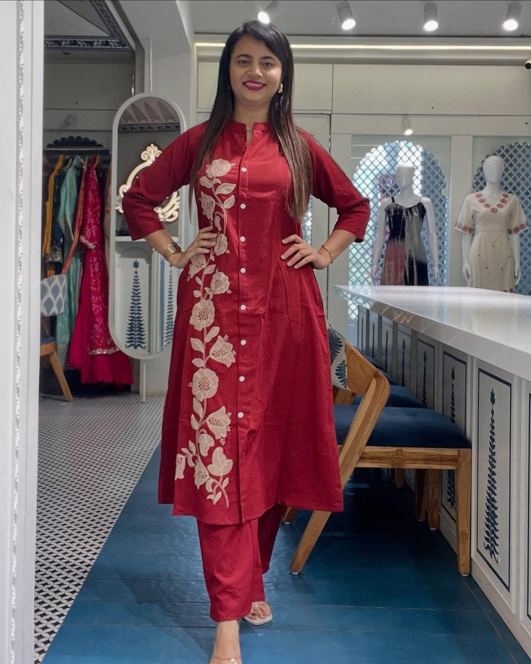 Women Red Cotton Embroidery Flower bunch Kurta Pant set
