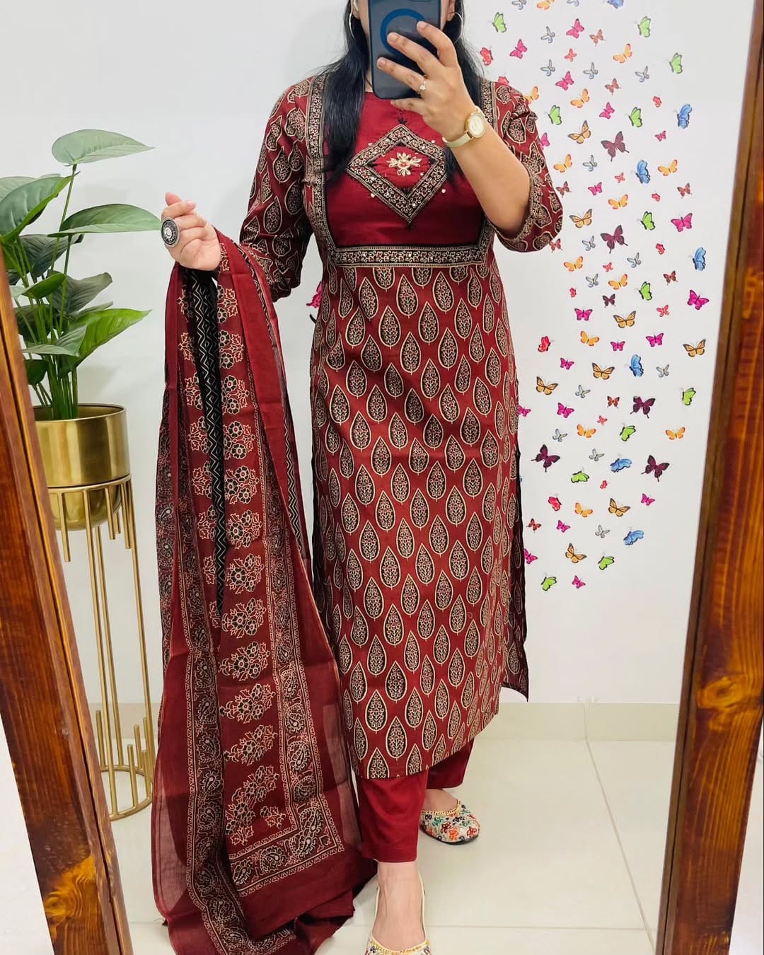 Women Red Premium Cotton Kurta Pant and Dupatta set