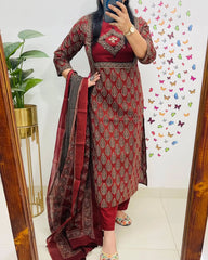 Women Red Premium Cotton Kurta Pant and Dupatta set