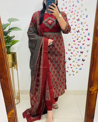 Women Red Premium Cotton Kurta Pant and Dupatta set