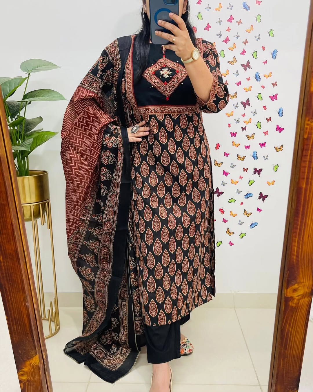 Women Black Premium Cotton Kurta Pant and Dupatta set