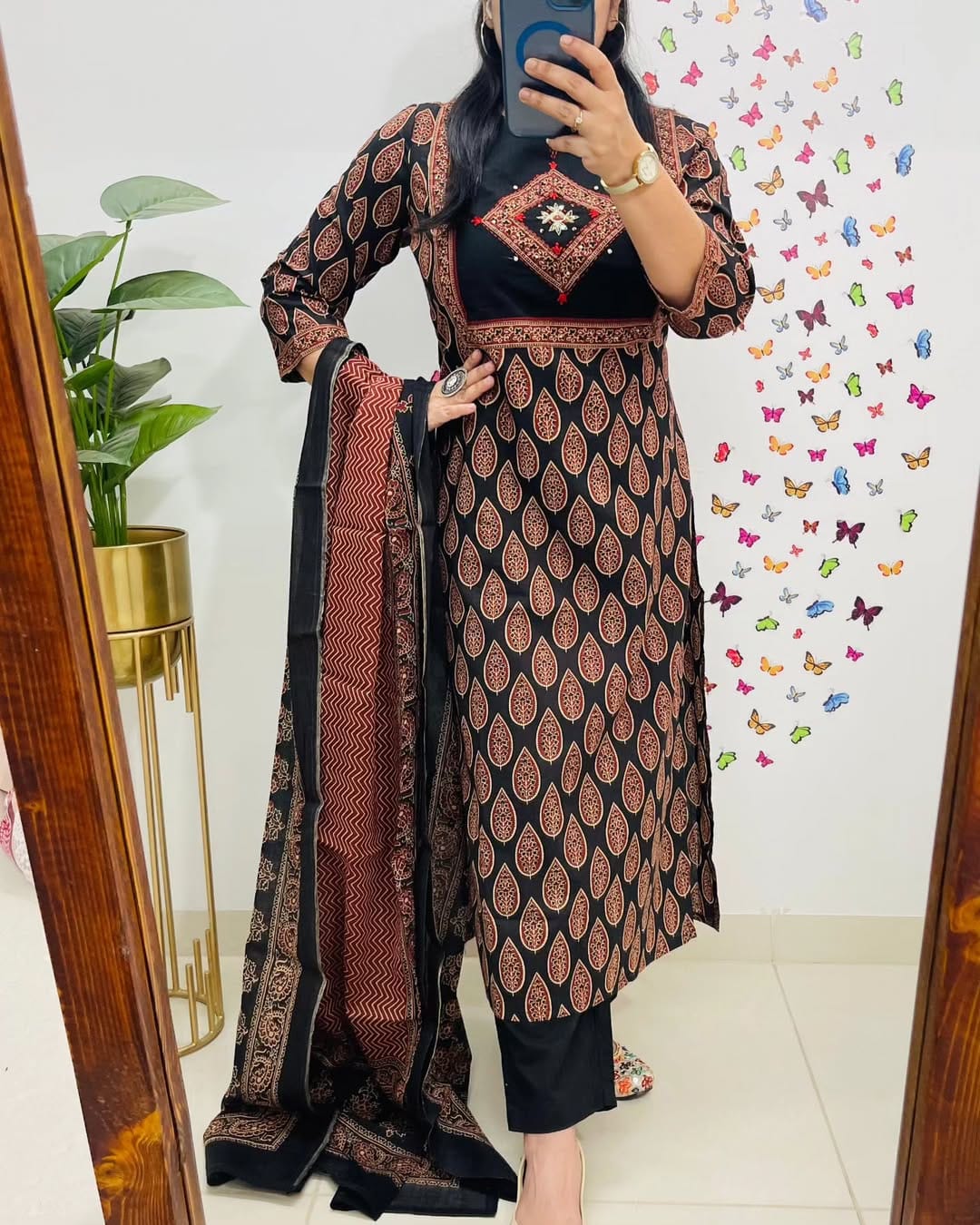 Women Black Premium Cotton Kurta Pant and Dupatta set