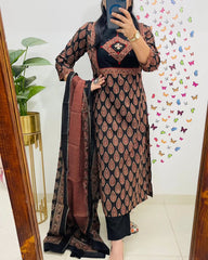 Women Black Premium Cotton Kurta Pant and Dupatta set