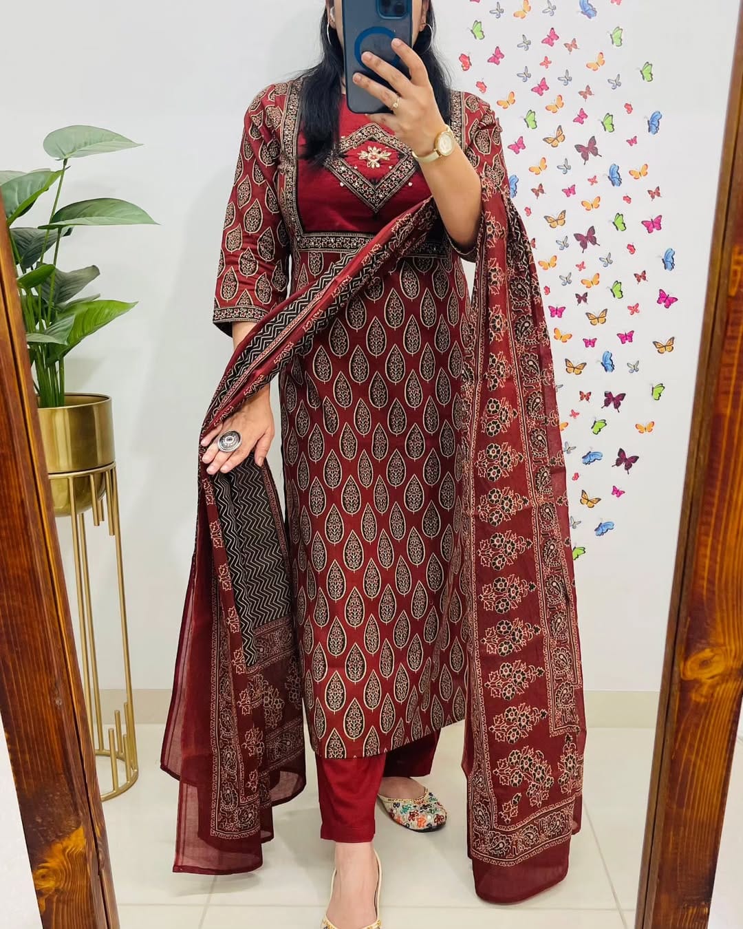 Women Red Premium Cotton Kurta Pant and Dupatta set