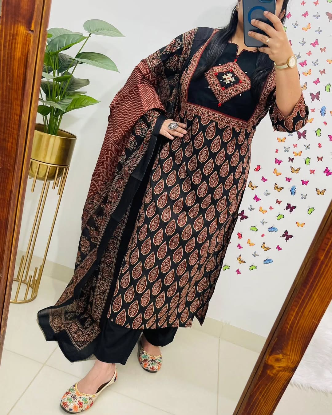 Women Black Premium Cotton Kurta Pant and Dupatta set