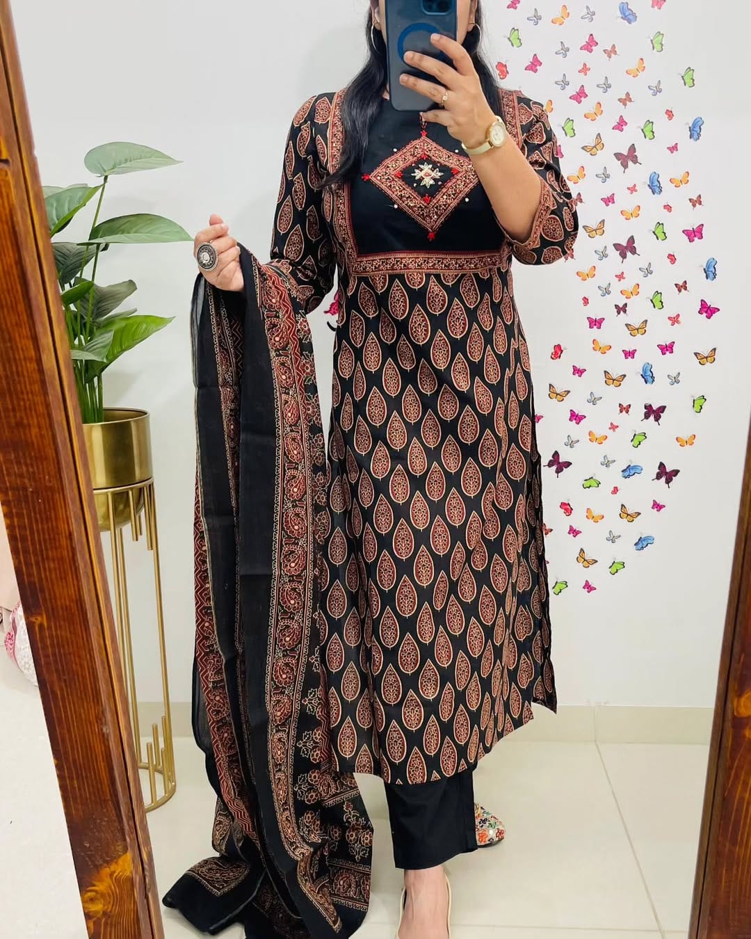 Women Black Premium Cotton Kurta Pant and Dupatta set