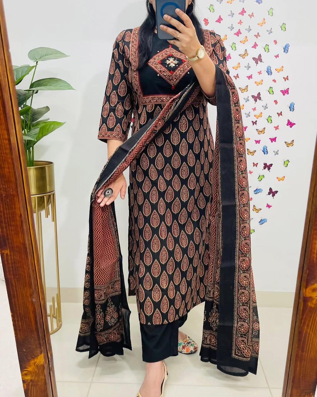 Women Black Premium Cotton Kurta Pant and Dupatta set