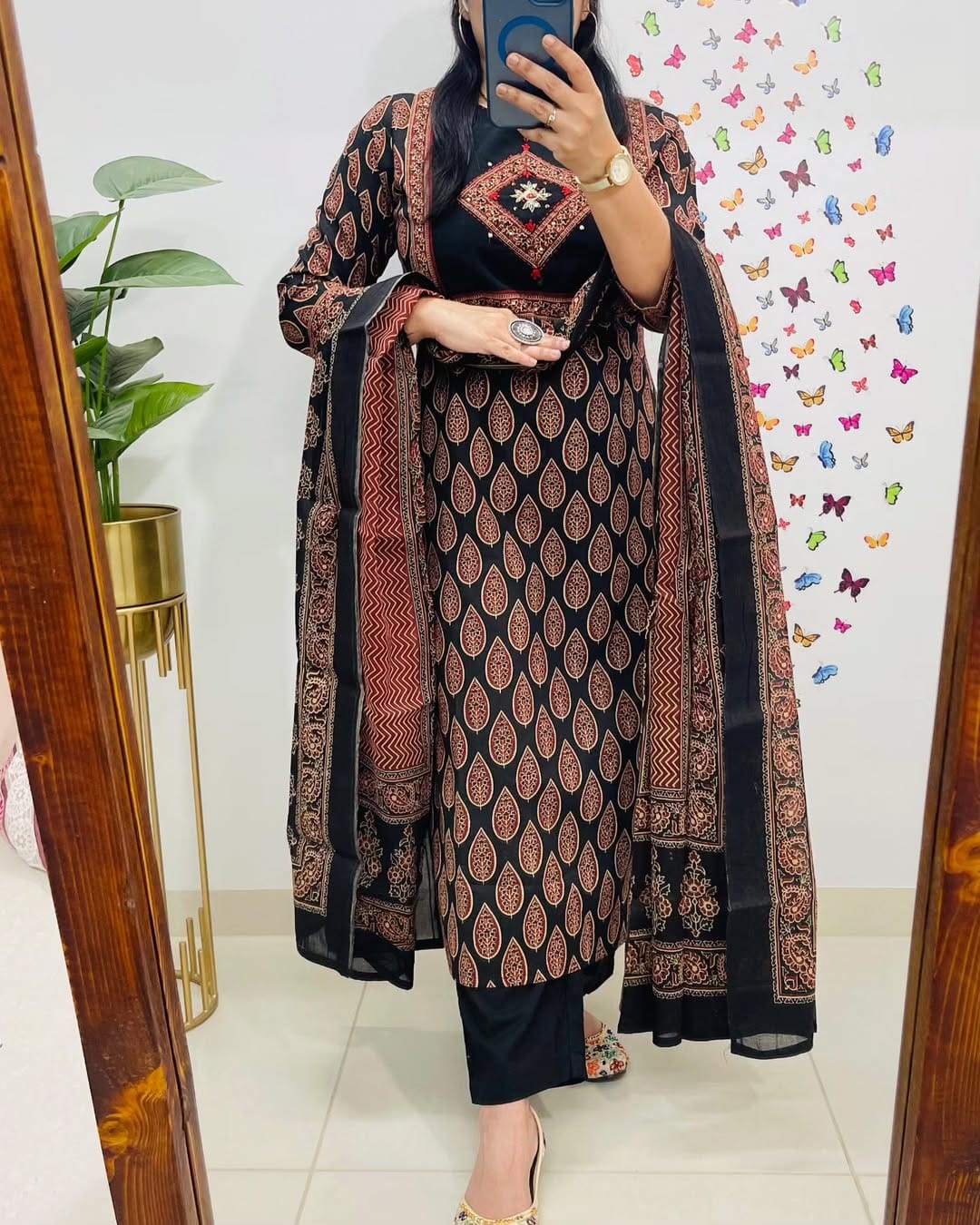 Women Black Premium Cotton Kurta Pant and Dupatta set