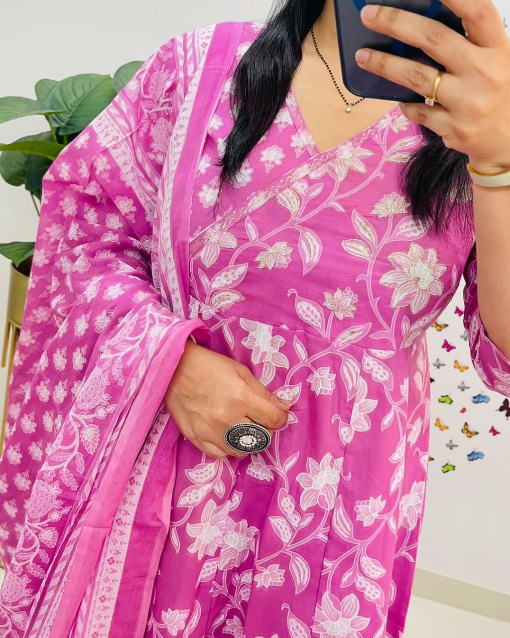 Women Pink Cotton Angrakha Style Kurta Pant and Dupatta set