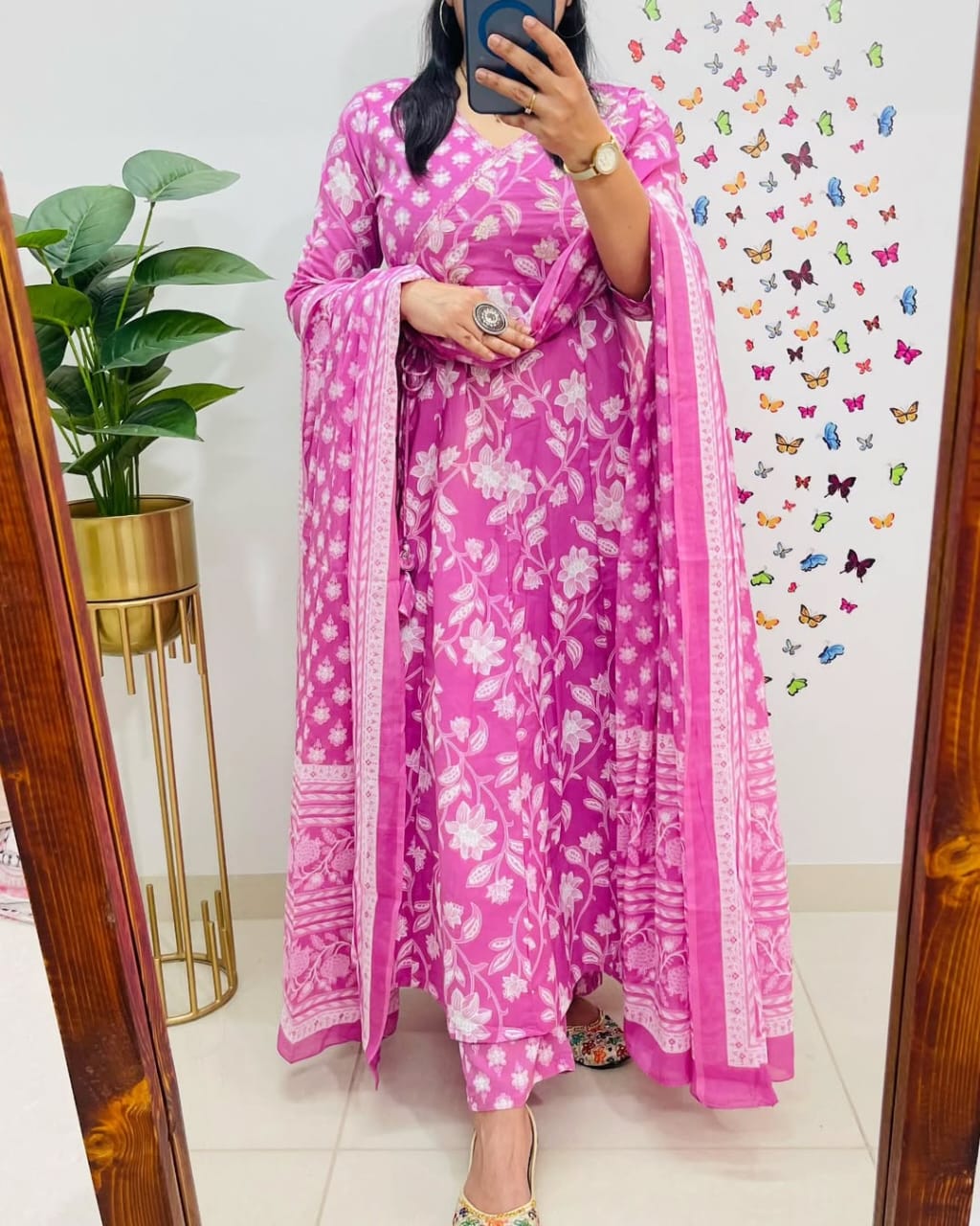 Women Pink Cotton Angrakha Style Kurta Pant and Dupatta set