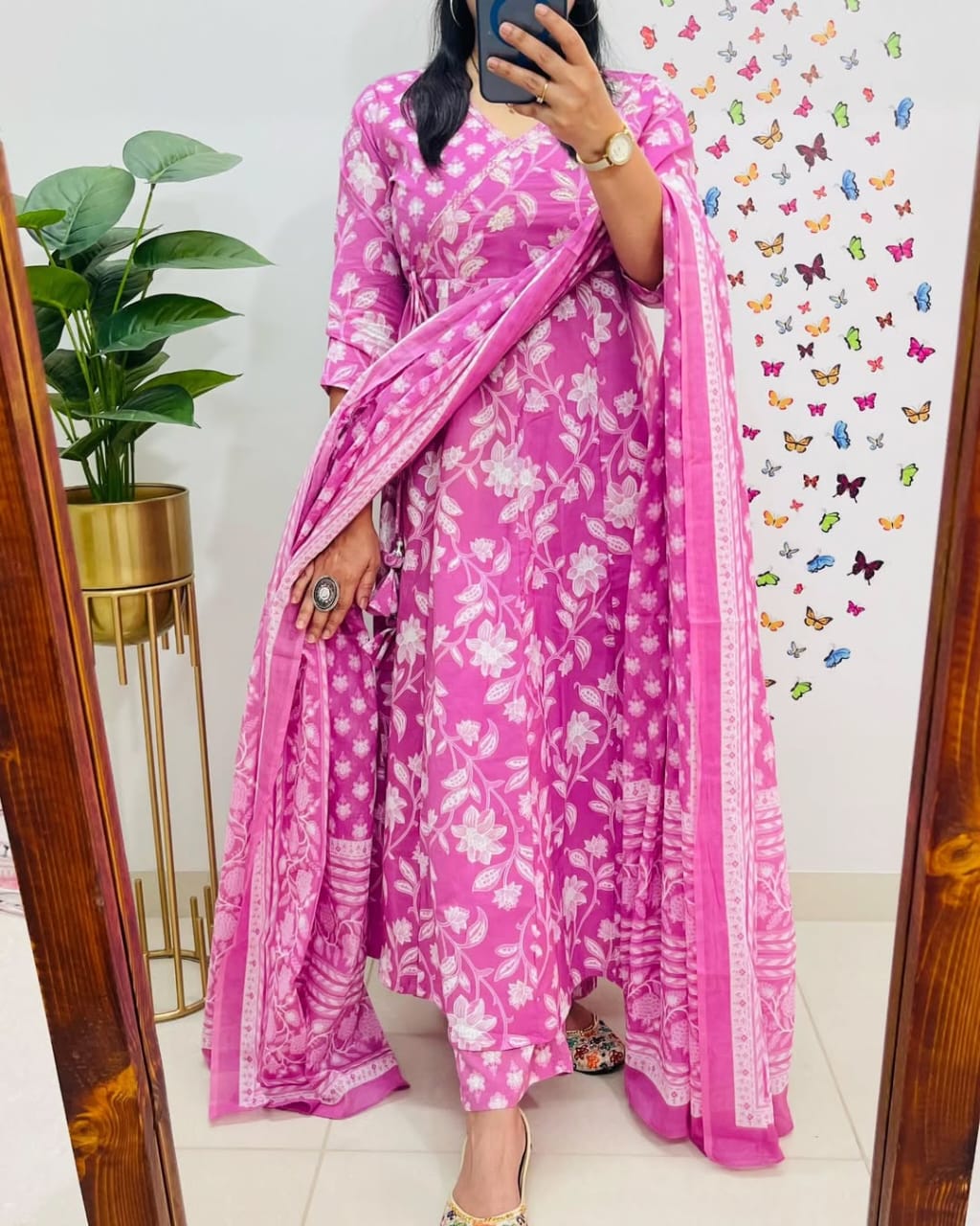 Women Pink Cotton Angrakha Style Kurta Pant and Dupatta set