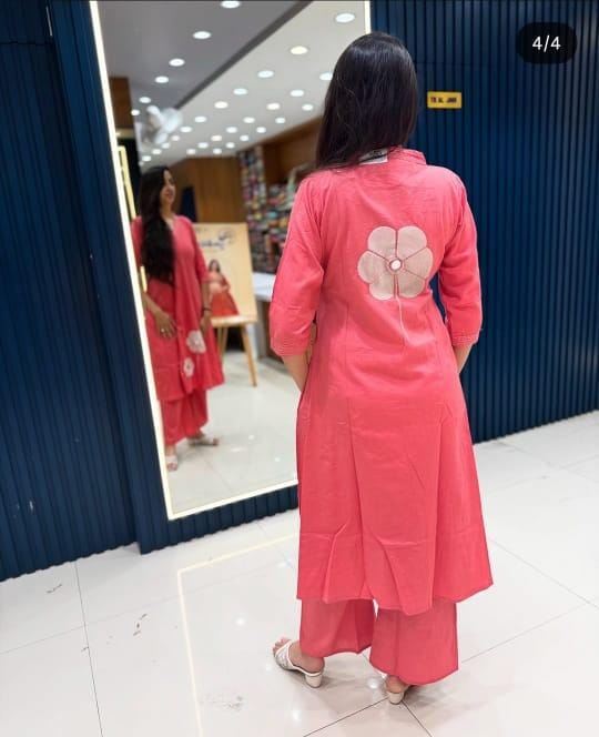 Women Rose Pink Cotton Aari Embroidery Kurta Pant set