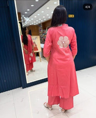 Women Rose Pink Cotton Aari Embroidery Kurta Pant set