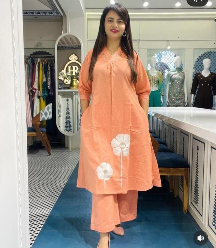Women Peach Cotton Aari Embroidery Kurta Pant set