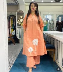 Women Peach Cotton Aari Embroidery Kurta Pant set