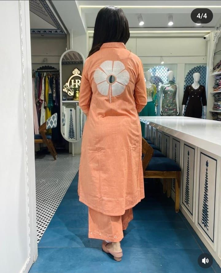 Women Peach Cotton Aari Embroidery Kurta Pant set