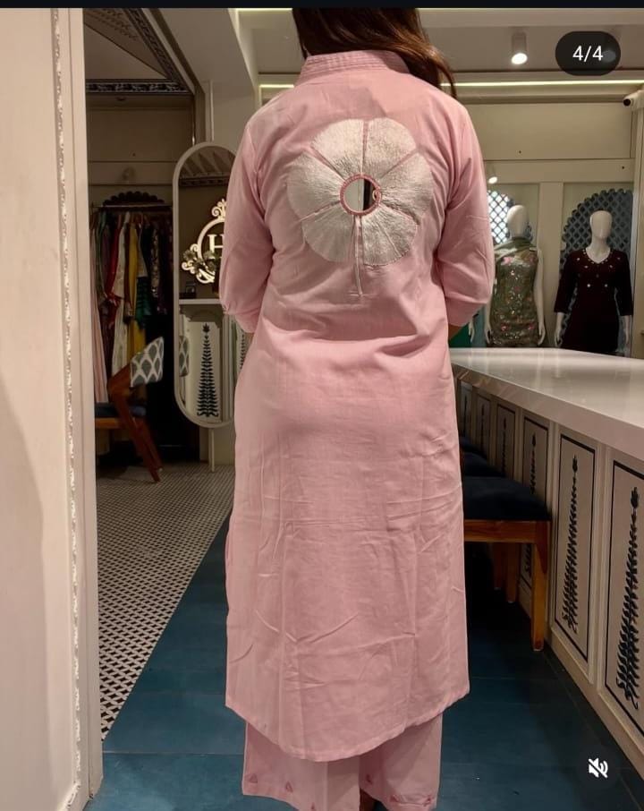 Women Pink Cotton Aari Embroidery Kurta Pant set