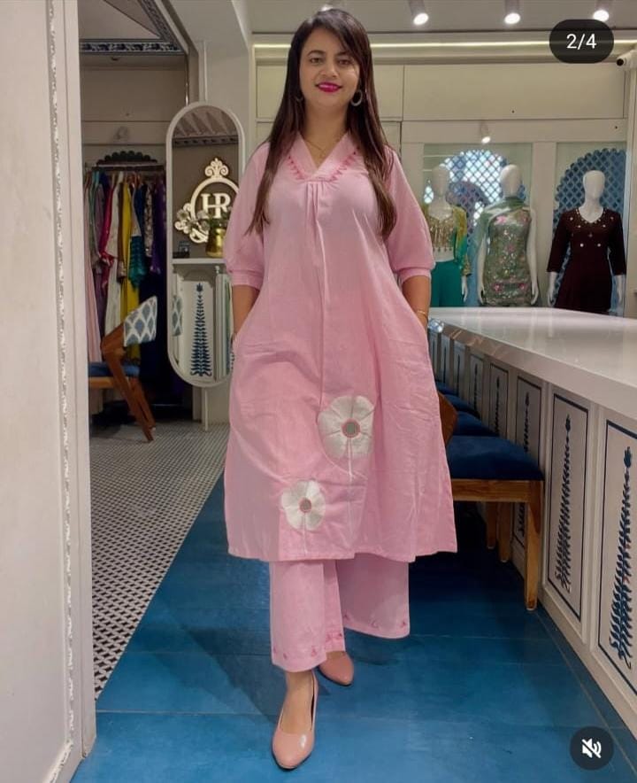 Women Pink Cotton Aari Embroidery Kurta Pant set