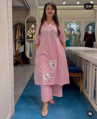 Women Pink Cotton Aari Embroidery Kurta Pant set