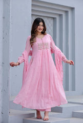 Women Pink Super Dyeing Cotton Embroidery Kurta Pant and Dupatta set