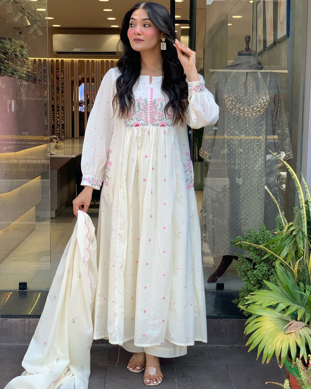 Women White Super Dyeing Cotton Embroidery Kurta Pant and Dupatta set