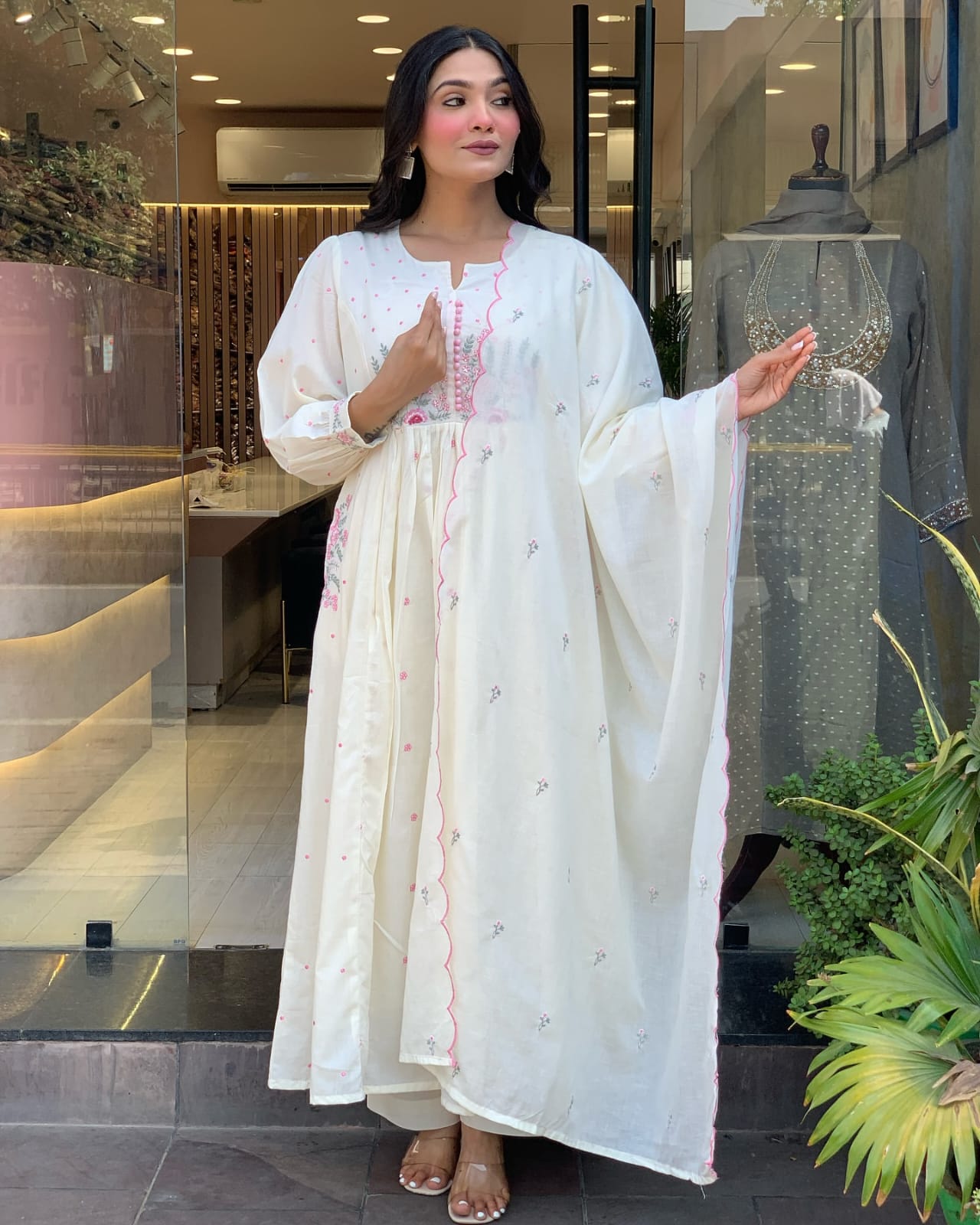 Women White Super Dyeing Cotton Embroidery Kurta Pant and Dupatta set