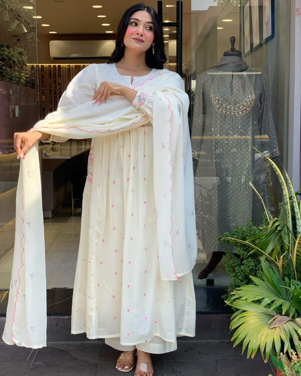 Women White Super Dyeing Cotton Embroidery Kurta Pant and Dupatta set