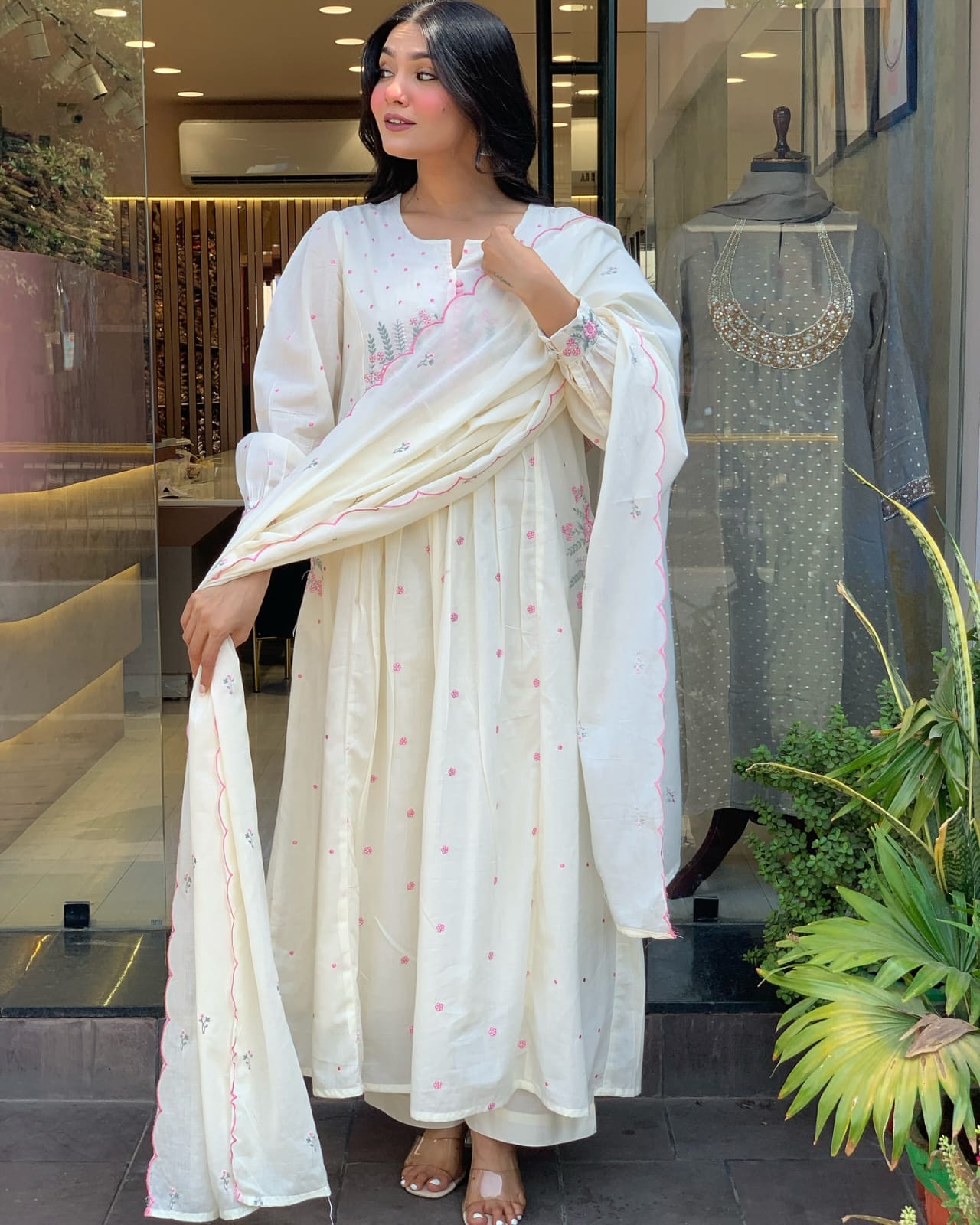 Women White Super Dyeing Cotton Embroidery Kurta Pant and Dupatta set