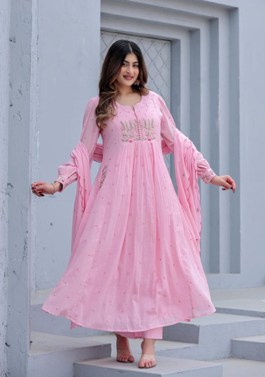 Women Pink Super Dyeing Cotton Embroidery Kurta Pant and Dupatta set
