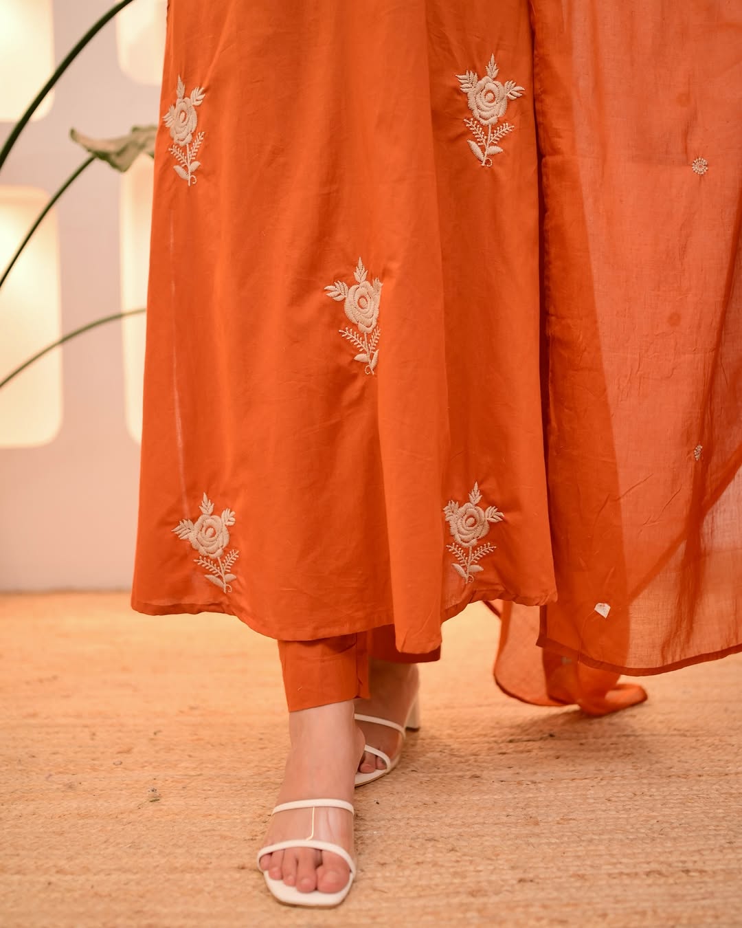 Women Rust Cotton Thread Embroidery Kurta Pant and Dupatta set