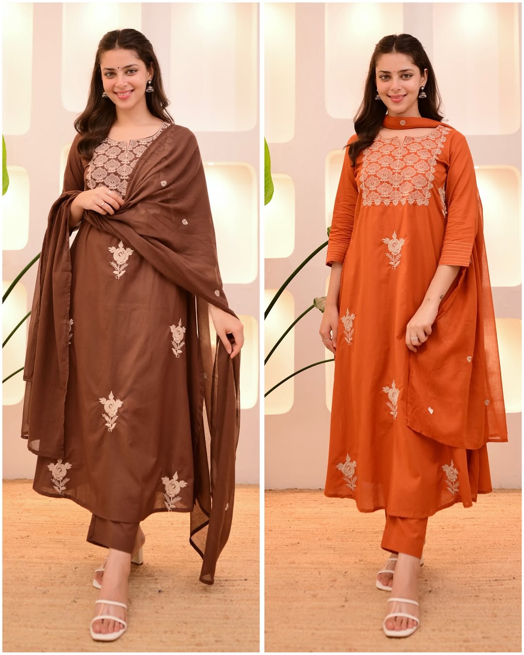 Women Brown Cotton Thread Embroidery Kurta Pant and Dupatta set