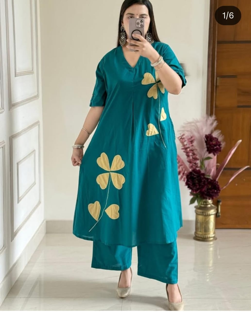 Women Teal Blue Cotton Beautiful Patch work Kurta Pant set