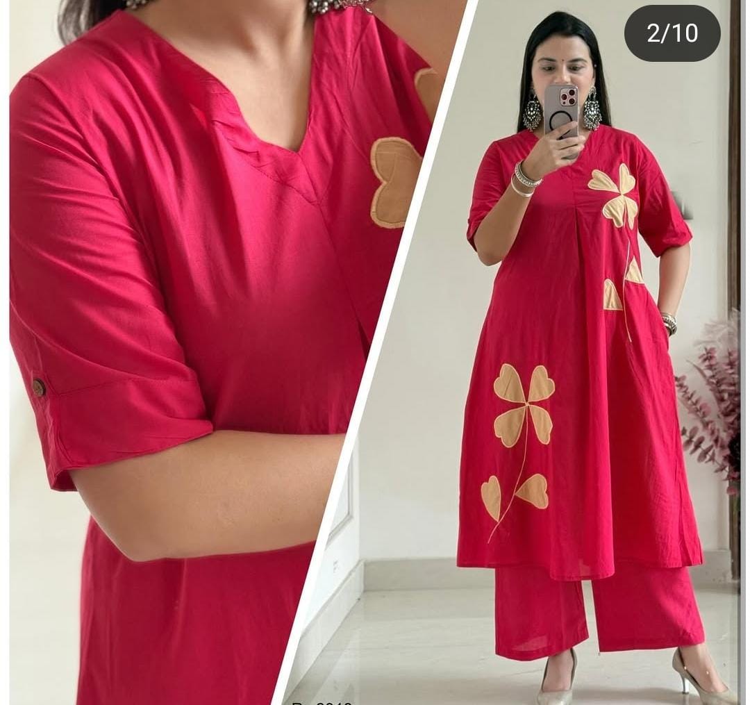 Women Pink Cotton Beautiful Patch work Kurta Pant set
