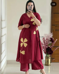 Women Maroon Cotton Beautiful Patch work Kurta Pant set