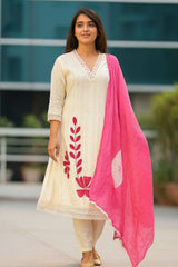 Women White Cotton Doby Embroidery Kurta Pant and Dupatta set