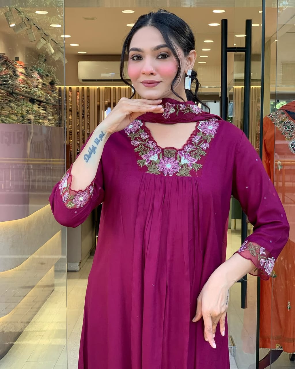 Women Magenta Embroidery M&S Cotton Kurta Pant and Mulmul Dupatta Set