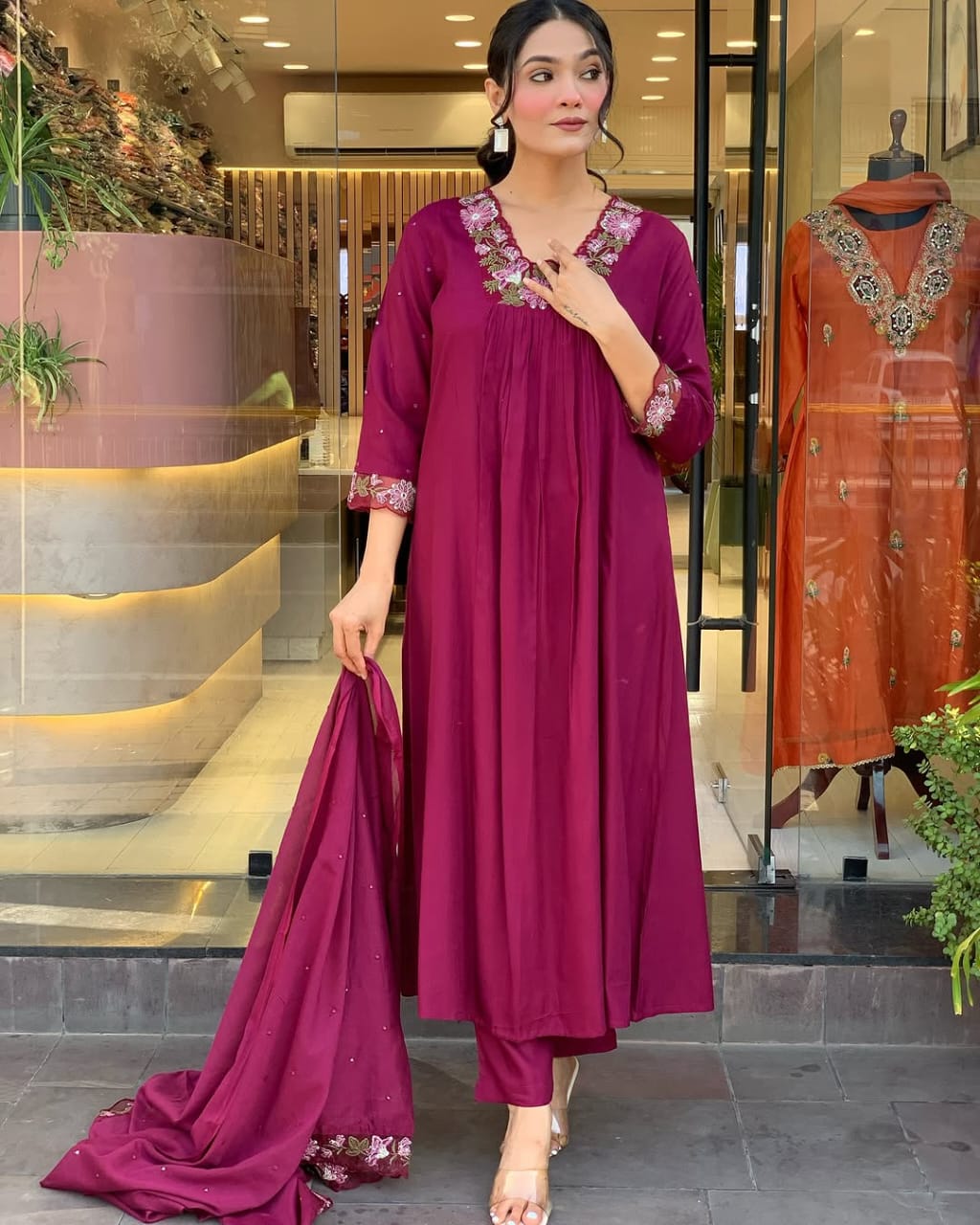 Women Magenta Embroidery M&S Cotton Kurta Pant and Mulmul Dupatta Set