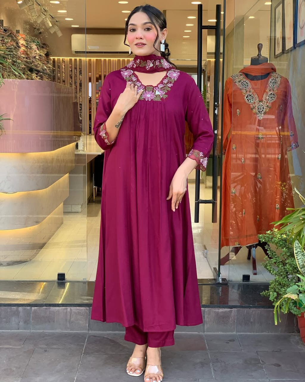 Women Magenta Embroidery M&S Cotton Kurta Pant and Mulmul Dupatta Set