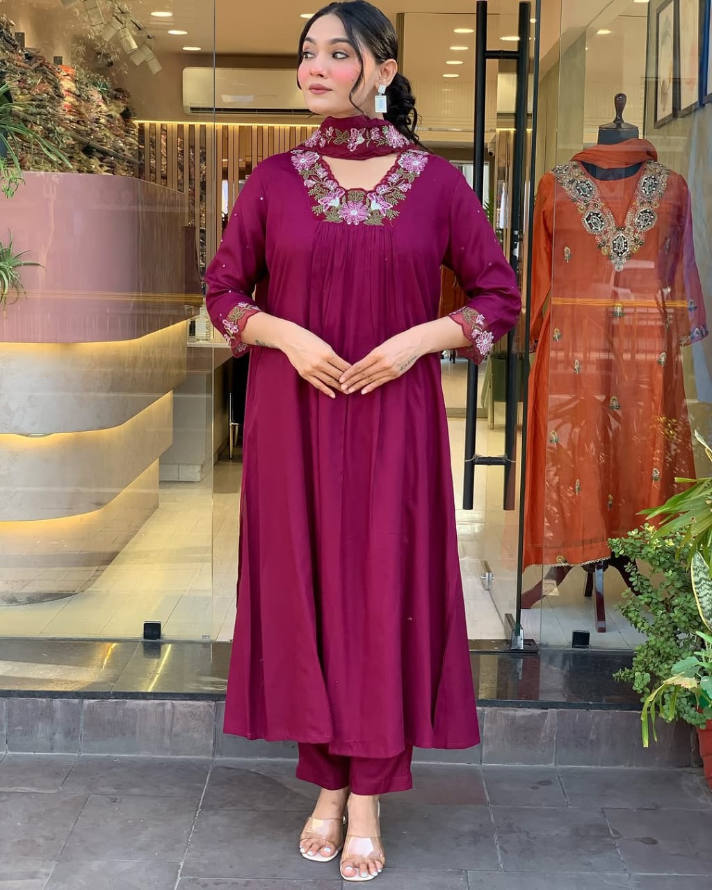 Women Magenta Embroidery M&S Cotton Kurta Pant and Mulmul Dupatta Set