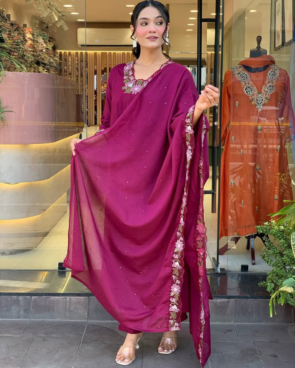 Women Magenta Embroidery M&S Cotton Kurta Pant and Mulmul Dupatta Set